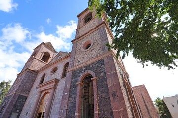 front facade of cathedral of La Paz, Mexico with double tower