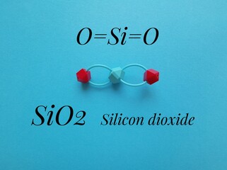 Structural chemical formula and molecular structure model of silicon dioxide (silica). It is the major constituent of sand; used in structural materials, electronic, food and pharmaceutical industries - obrazy, fototapety, plakaty