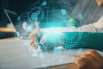 Double exposure of social network theme drawing over people taking notes background. Concept of human connection