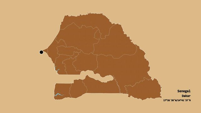Kaolack, region of Senegal, with its capital, localized, outlined and zoomed with informative overlays on a solid patterned map in the Stereographic projection. Animation 3D