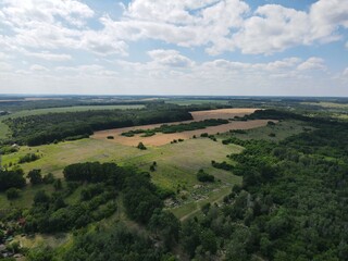 Aerial view of yellow and green fields in summer with blue sky and white clouds
