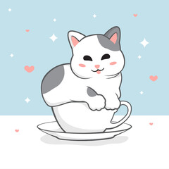 cat and heart in cup coffee,idea for greeting card,child stuff print	