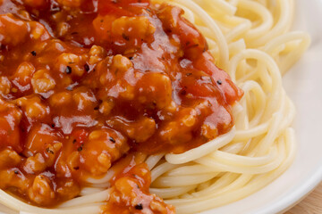 Plate of delicious spaghetti and pasta sauce