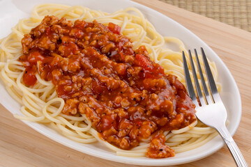 Plate of delicious spaghetti and pasta sauce