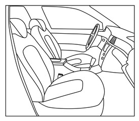 Seats of a car, interior view. Car driver seat. Sketch line black and white vector illustration.
