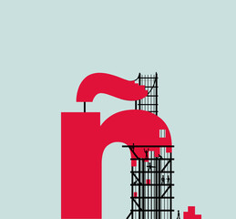 Workers silhouettes working between scaffolds and building a letter &ntilde; of Spanish alphabet. Conceptual vector illustration.