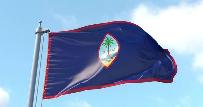 Guam flag on a flagpole waving in the wind in the sky. Wonderful intro for yor projects. Unincorporated territory of the United States in Micronesia in the western Pacific Ocean. Dededo.
