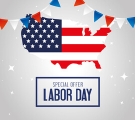 Fototapeta na wymiar happy labor day holiday banner with map and united states national flag