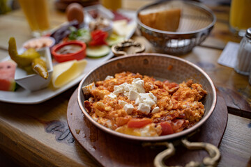 High angle view of meal in bowl served on table at sidewalk cafe