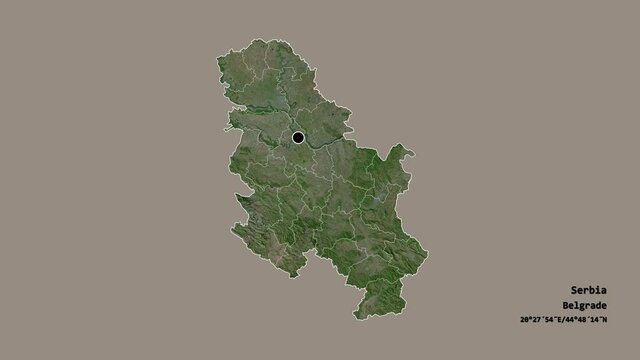 Jablanički, district of Serbia, with its capital, localized, outlined and zoomed with informative overlays on a satellite map in the Stereographic projection. Animation 3D