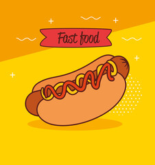 fast food, delicious hot dog on yellow background