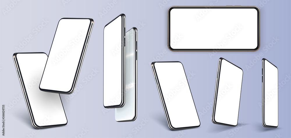 Aufkleber Smartphone frameless blank screen, rotated position. Smartphone from different angles. Mockup generic device. UI, UX smartphones set. Template for infographics or presentation 3D realistic phones