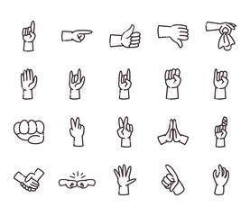 gestures with hands line style icon set vector design