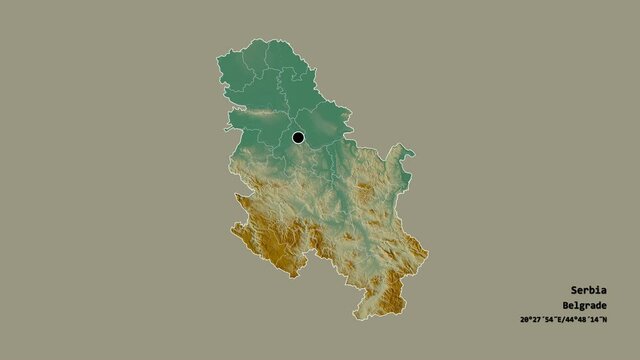 Ni&scaron;avski, district of Serbia, with its capital, localized, outlined and zoomed with informative overlays on a relief map in the Stereographic projection. Animation 3D