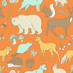 Hand Drawn seamless pattern of cute woodland animals an and plants. Whimsical design for stationery, wallpapers, textiles, and more.