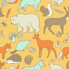 Hand Drawn seamless pattern of cute woodland animals an and plants. Whimsical design for stationery, wallpapers, textiles, and more.