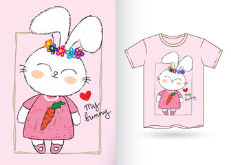 Hand drawn cute bunny for t shirt