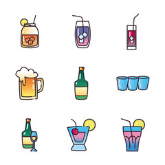 Cocktails fill and gradient style icon set vector design