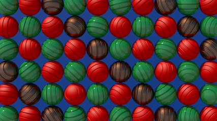 Fototapeta na wymiar Red, green, brown textured balls. Hard light. Abstract illustration, 3d render.