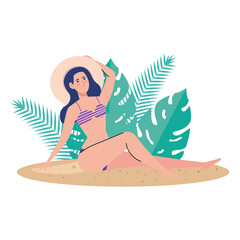 woman with swimsuit sitting on the beach with tropical leaves decoration, summer vacation season