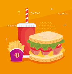 fast food, delicious sandwich with french fries and bottle beverage
