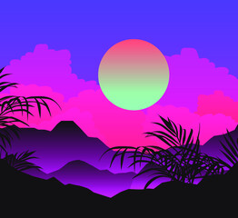 Ambient oriental landscape with sunset above the mountains or hills and tropical palm leaves on foreground in neon vibrant colors. Retrowave cartoon or anime style.