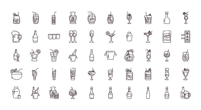 Cocktails line style icon set vector design