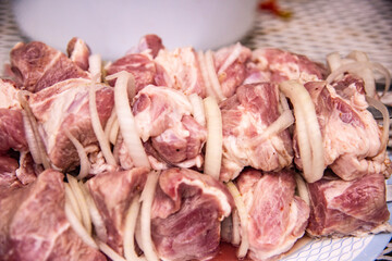 Raw kebab with vegetables. Russian shashlik.