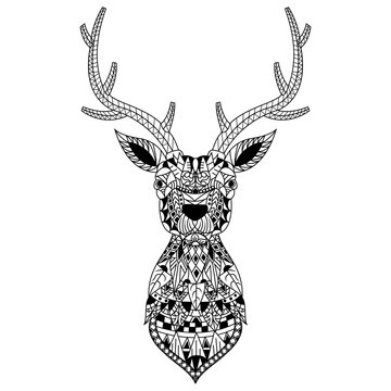 Hand drawn of deer head in zentangle style