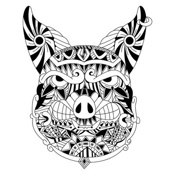 Hand drawn of pig head in zentangle style