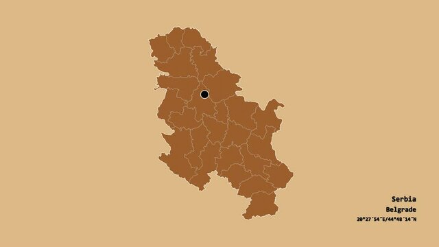 Sremski, district of Serbia, with its capital, localized, outlined and zoomed with informative overlays on a solid patterned map in the Stereographic projection. Animation 3D