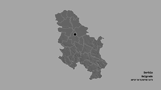 Toplički, district of Serbia, with its capital, localized, outlined and zoomed with informative overlays on a bilevel map in the Stereographic projection. Animation 3D