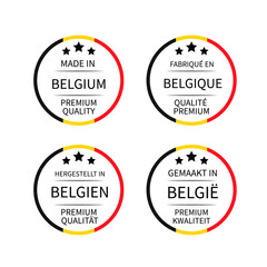 Made in Belgium labels (in English, French, Dutch and German languages). Quality mark vector icon. Perfect for logo design, tags, badges, stickers, emblem, product packaging, etc