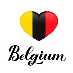 Belgium calligraphy hand lettering with flag in shape of heart isolated on white . Vector template for typography poster, banner, flyer, sticker, t-shirt, postcard, logo design, etc