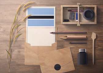 Botswana invitation, celebration letter concept. Flag with craft paper and envelope. Retro theme...
