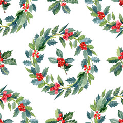 Seamless pattern with hand drawn watercolor green holly leaves and red berries. Christmas plants. Isolated illustration on white background. 