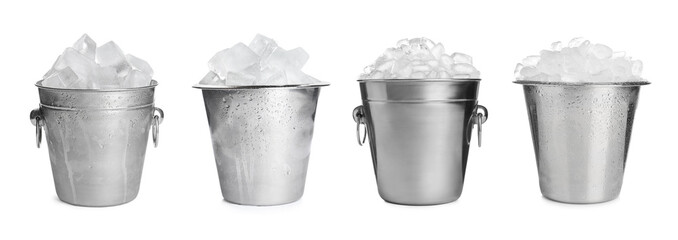 Set of different metal buckets with ice cubes on white background, banner design © New Africa
