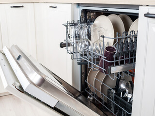 dishwasher close-up with washed dishes, easy to use and save water, eco-friendly, built-in kitchen dish washing machine