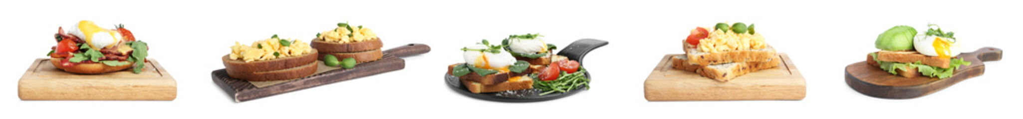 Set of different egg sandwiches on white background. Banner design