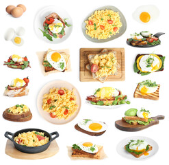 Set of different egg dishes on white background