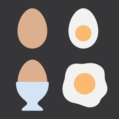 Brown egg, hard-boiled egg, fried egg sunny side up, egg in a cup. 