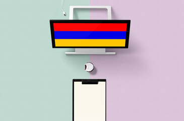 Armenia national flag on computer screen top view, cupcake and empty note paper for planning. Minimal concept with turquoise and purple background.