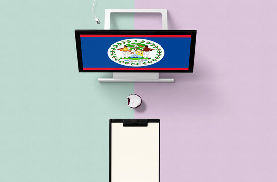 Belize national flag on computer screen top view, cupcake and empty note paper for planning. Minimal concept with turquoise and purple background. - Powered by Adobe