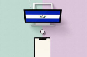 El Salvador national flag on computer screen top view, cupcake and empty note paper for planning. Minimal concept with turquoise and purple background.