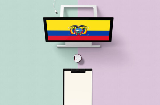 Ecuador national flag on computer screen top view, cupcake and empty note paper for planning. Minimal concept with turquoise and purple background.