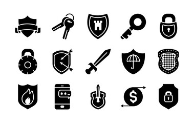 sword and security shield icon set, half line half color style