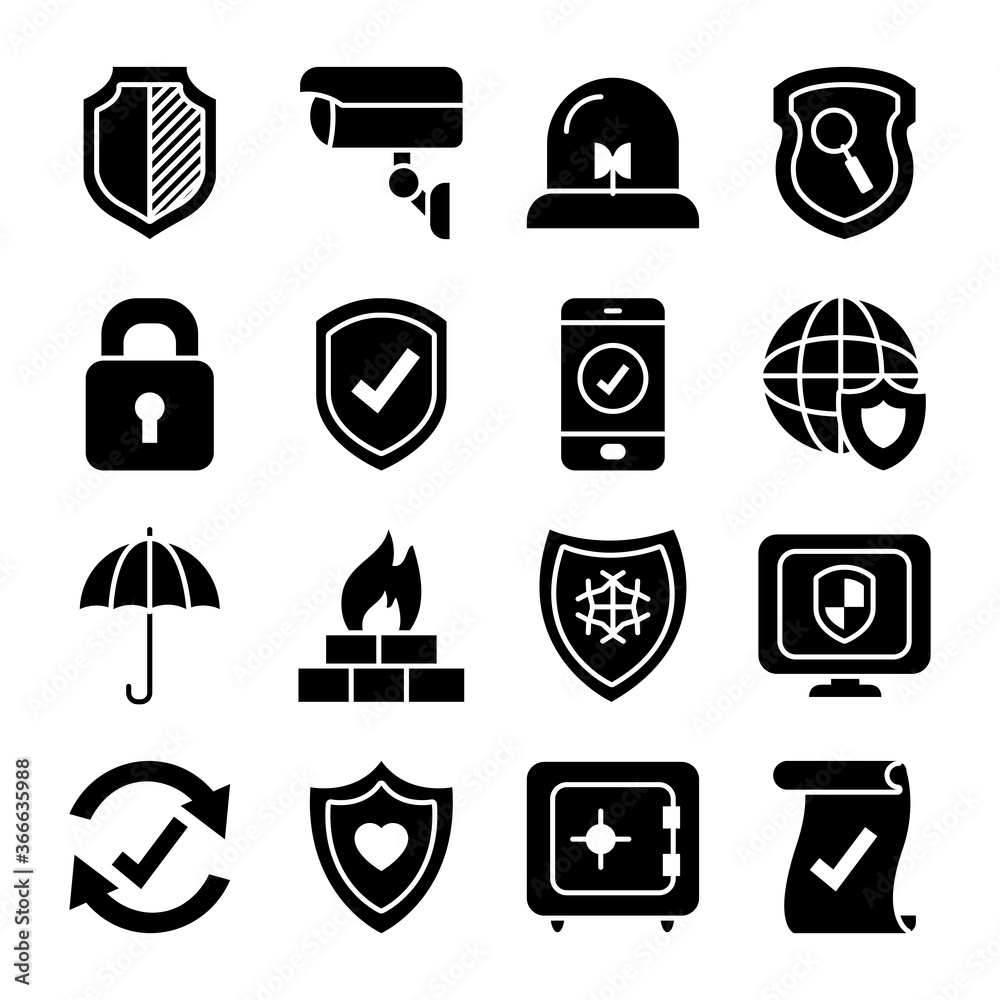 Fototapete security camera and security shield icon set, half line half color style