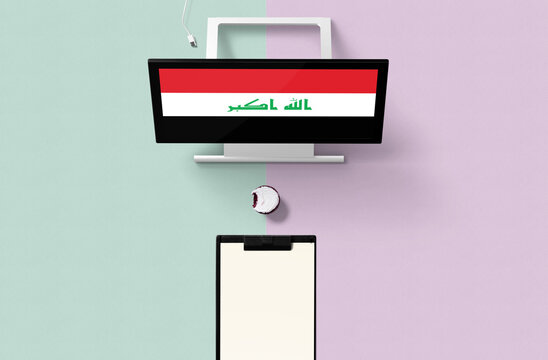 Iraq national flag on computer screen top view, cupcake and empty note paper for planning. Minimal concept with turquoise and purple background. - Powered by Adobe