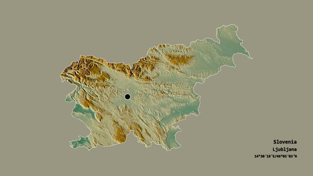 Savinjska, statistical region of Slovenia, with its capital, localized, outlined and zoomed with informative overlays on a relief map in the Stereographic projection. Animation 3D