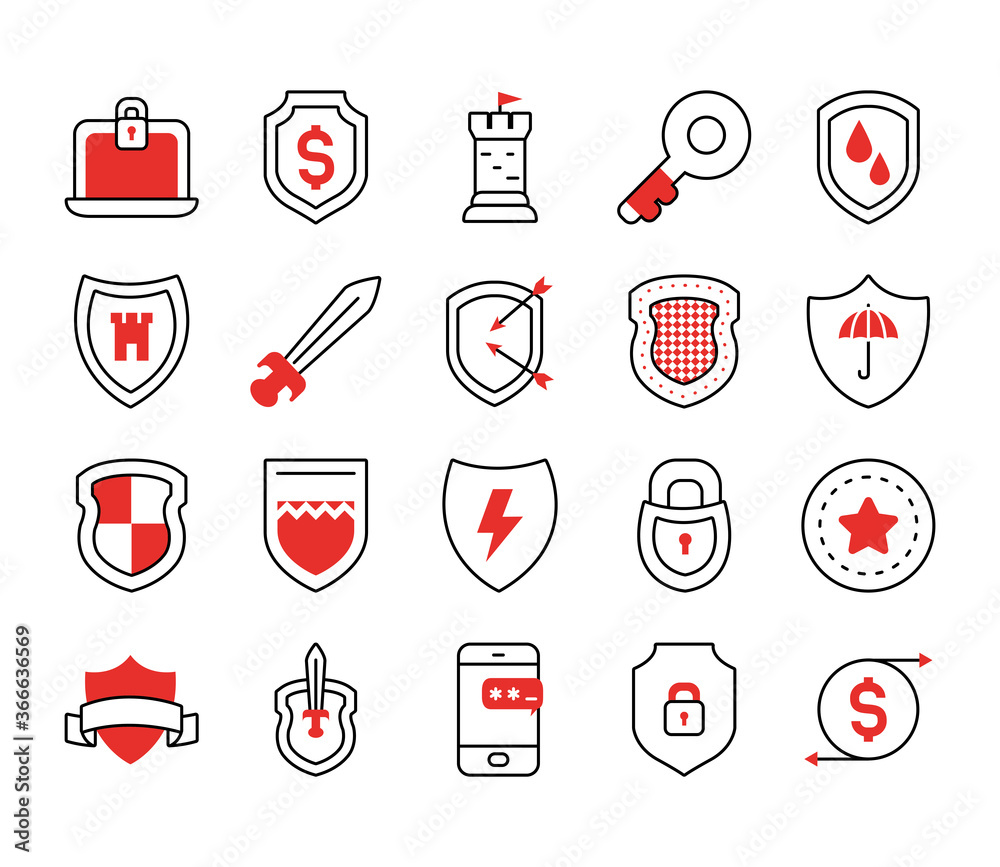 Fototapete padlock and security shield icon set, half line half color style